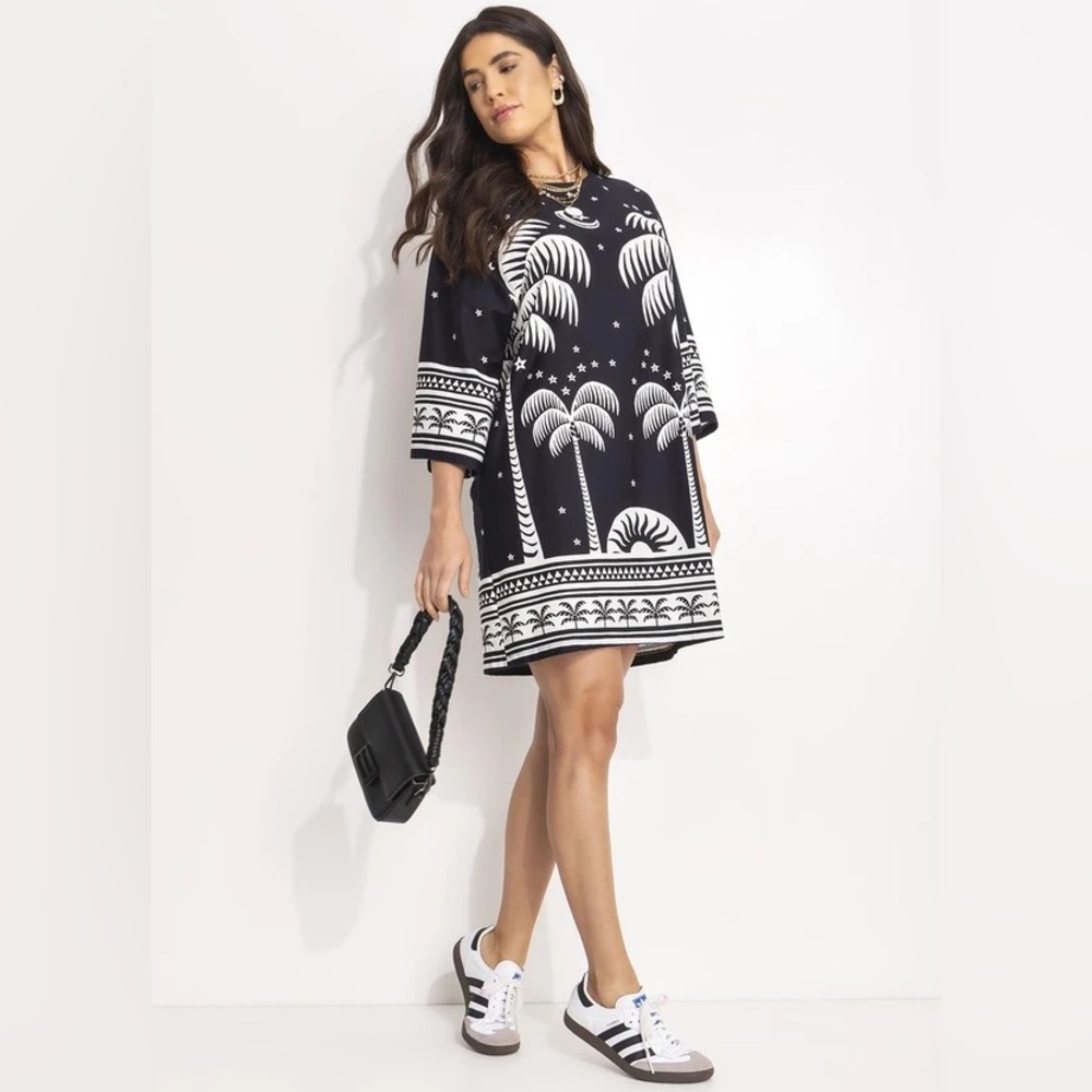 FARM Rio Coconut Grove T-Shirt Dress 🌙 ✨🌴 Black White Mini NWT Brazil